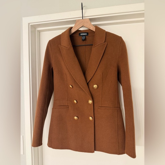 Express Hand Sewn Wool Blend Double Breasted Novelty Button Brown Blazer Jacket - Picture 6 of 15